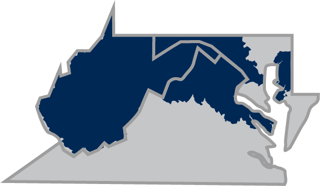 A map cutout of West Virginia, Maryland, and Virginia, that showing where Women In Defense Capital Chapter operates.